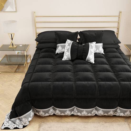 PETTI Trapunta Invernale In Morbido E Caldo Velluto E Balza Con Pizzo Rebrodè Nero By Sissy