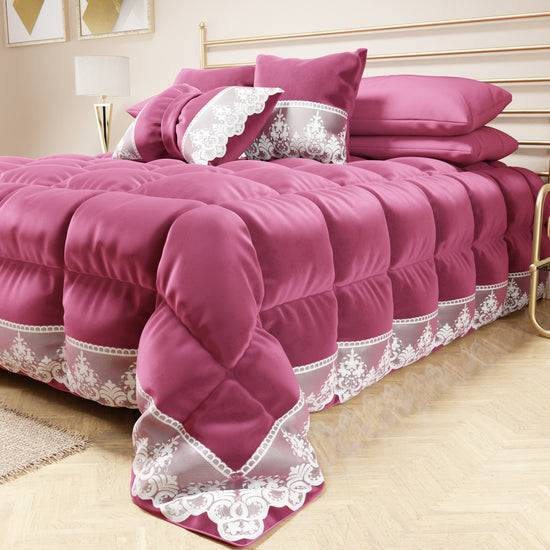 PETTI Trapunta Invernale In Morbido E Caldo Velluto E Balza Con Pizzo Rebrodè Fucsia By Sissy