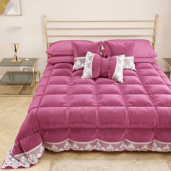 PETTI Trapunta Invernale In Morbido E Caldo Velluto E Balza Con Pizzo Rebrodè Fucsia By Sissy