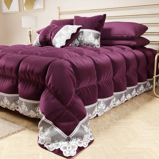 PETTI Trapunta Invernale In Morbido E Caldo Velluto E Balza Con Pizzo Rebrodè Prugna By Sissy