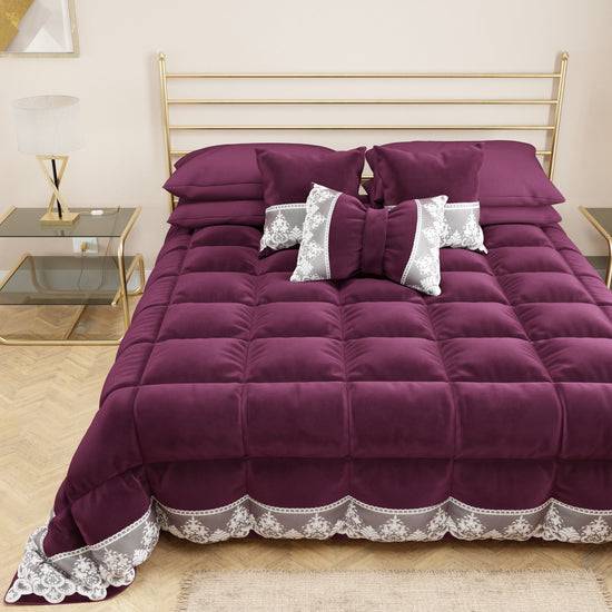 PETTI Trapunta Invernale In Morbido E Caldo Velluto E Balza Con Pizzo Rebrodè Prugna By Sissy