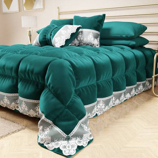 PETTI Trapunta Invernale In Morbido E Caldo Velluto E Balza Con Pizzo Rebrodè Ottanio By Sissy