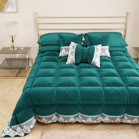 PETTI Trapunta Invernale In Morbido E Caldo Velluto E Balza Con Pizzo Rebrodè Ottanio By Sissy