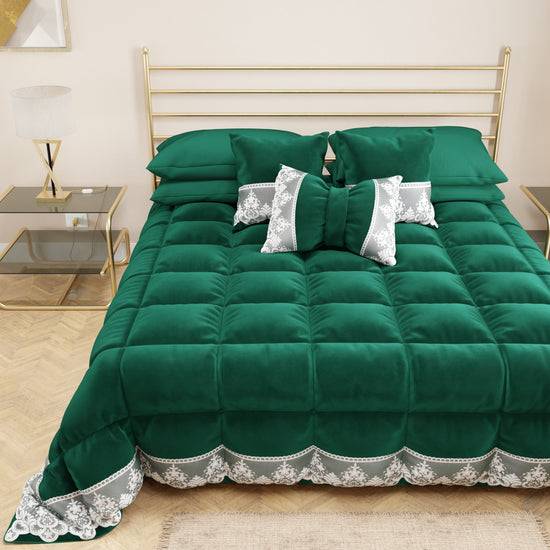 PETTI Trapunta Invernale In Morbido E Caldo Velluto E Balza Con Pizzo Rebrodè Smeraldo By Sissy