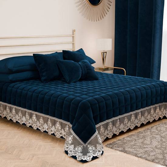 PETTI Trapuntino Primaverile In Velluto E Balza Con Pizzo Rebrodè Blu