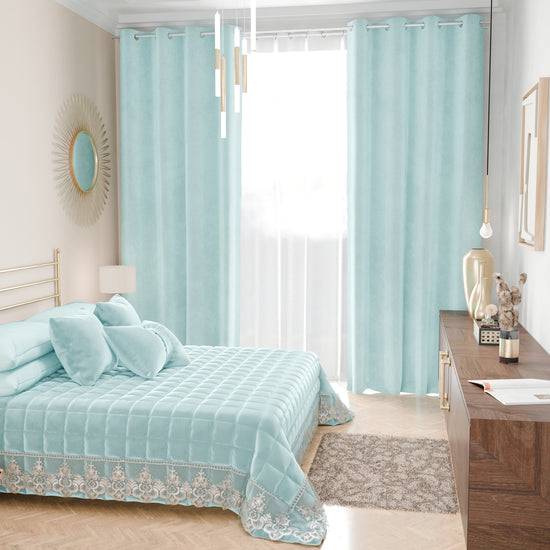 PETTI Trapuntino Primaverile In Velluto E Balza Con Pizzo Rebrodè Celeste