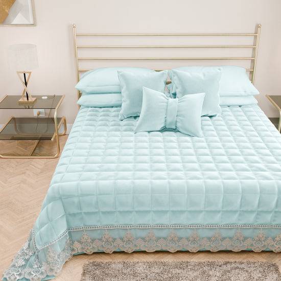 PETTI Trapuntino Primaverile in Velluto e Balza con Pizzo Rebrodè Celeste