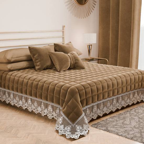 PETTI Trapuntino Primaverile In Velluto E Balza Con Pizzo Rebrodè Tortora