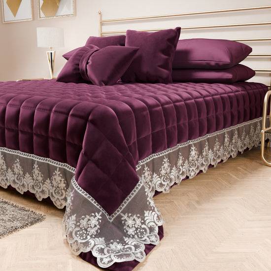 PETTI Trapuntino Primaverile In Velluto E Balza Con Pizzo Rebrodè Prugna