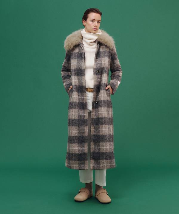 Peuterey Cappotto Checked, Lungo E Avvitato Con Pelliccia