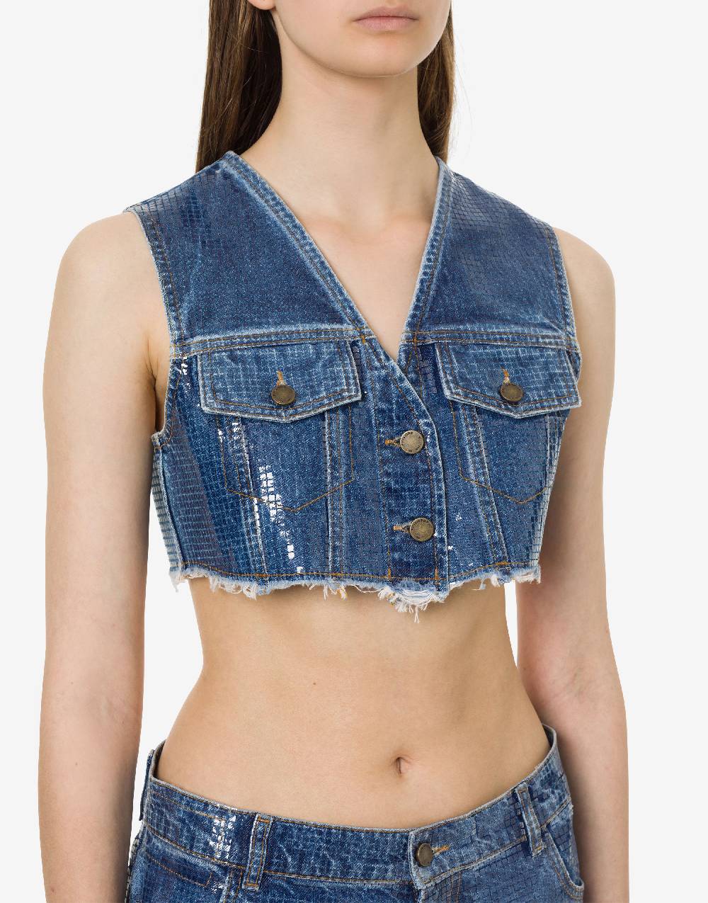 Philosophy Di Lorenzo Serafini Gilet Crop In Denim Con Paillettes