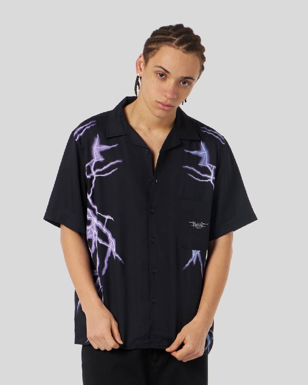 Phobia Archive CAMICIA NERA CON FULMINI LATERALI VIOLA