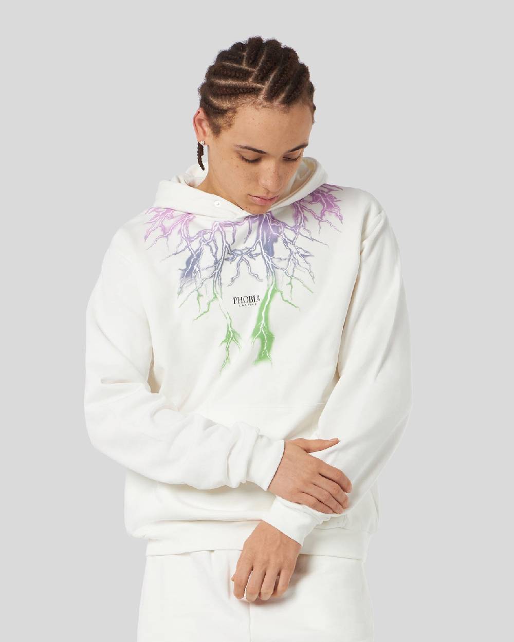 Phobia Archive FELPA BIANCA CON FULMINI BICOLORE VIOLA E VERDE