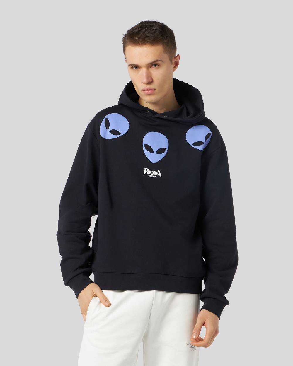 Phobia Archive FELPA CON CAPPUCCIO NERA CON STAMPA TRIPLE ALIEN VIOLA