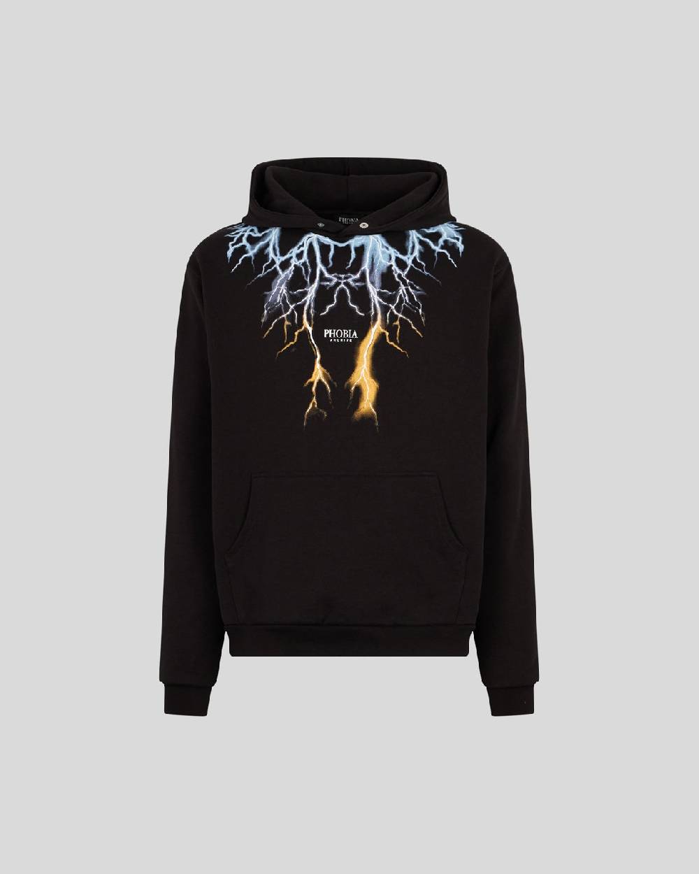 Phobia Archive FELPA NERA CON FULMINI BICOLORE BLU E GIALLO Phobia Archive FELPA NERA CON FULMINI BICOLORE BLU E GIALLO