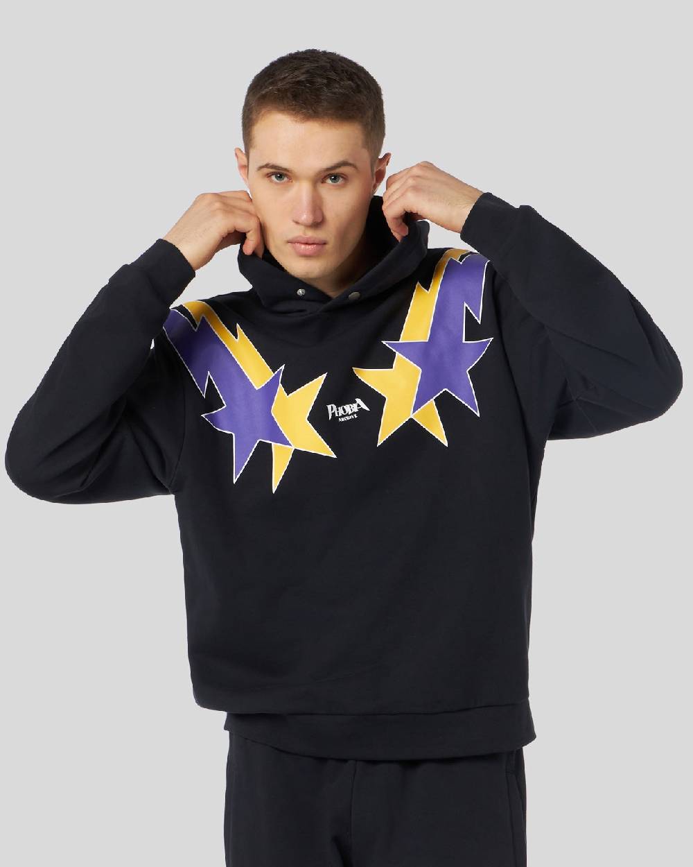 Phobia Archive FELPA NERA CON GRAFICA STARRY LIGHTNING GIALLA E VIOLA