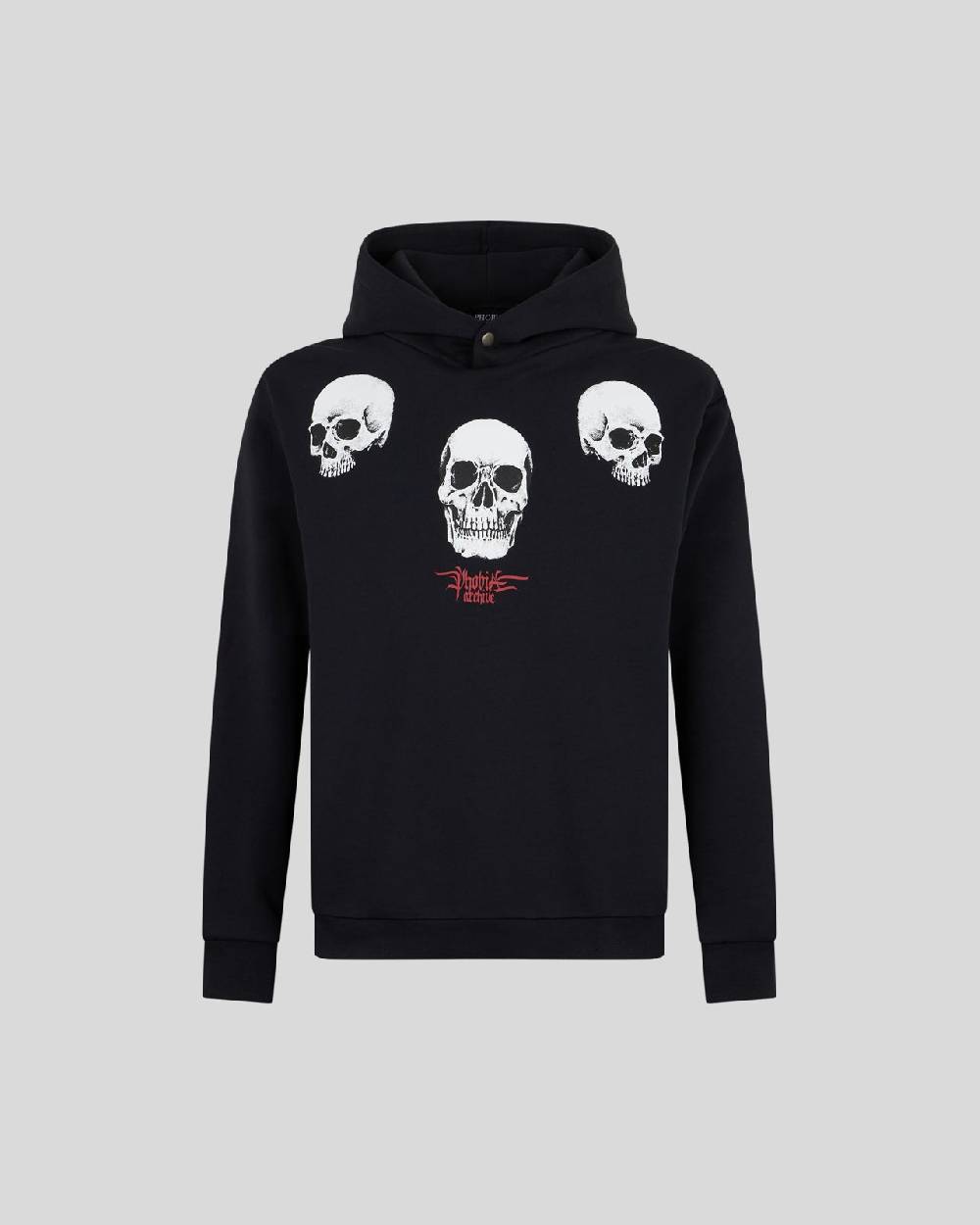 Phobia Archive FELPA NERA CON GRAFICA TRIPLE SKULL ROSSA