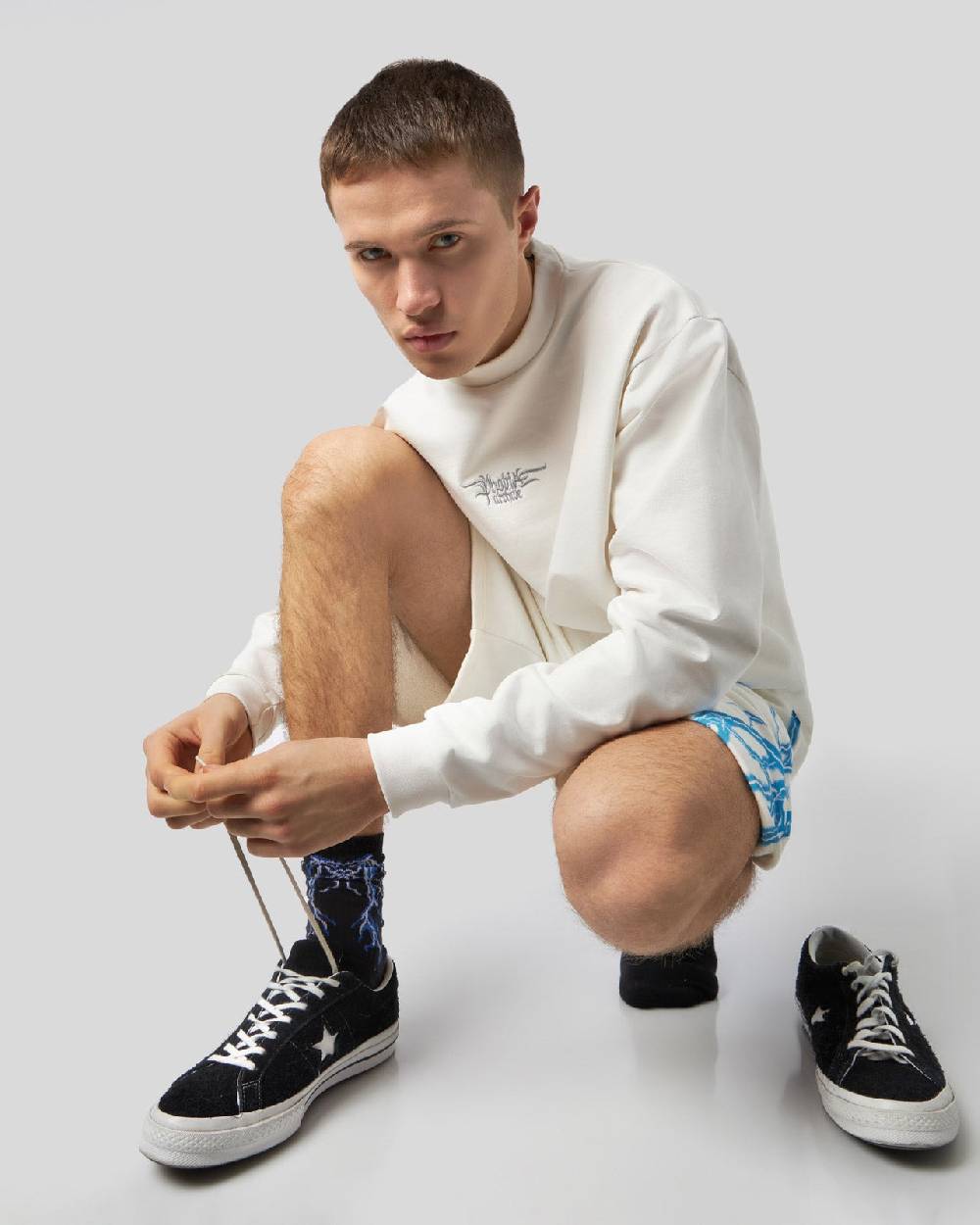 Phobia Archive PANTALONCINO BIANCO CON FULMINI LATERALI AZZURRI