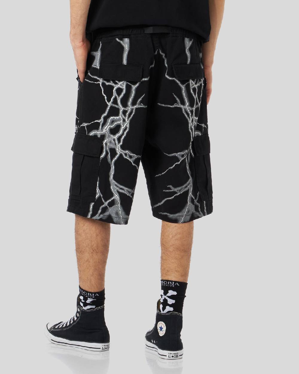 Phobia Archive PANTALONCINO CARGO NERO CON FULMINI LATERALI BIANCHI