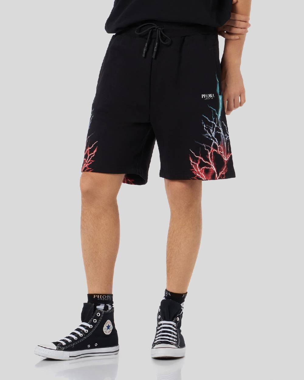 Phobia Archive PANTALONCINO NERO CON FULMINI BICOLORE ROSSO E BLU