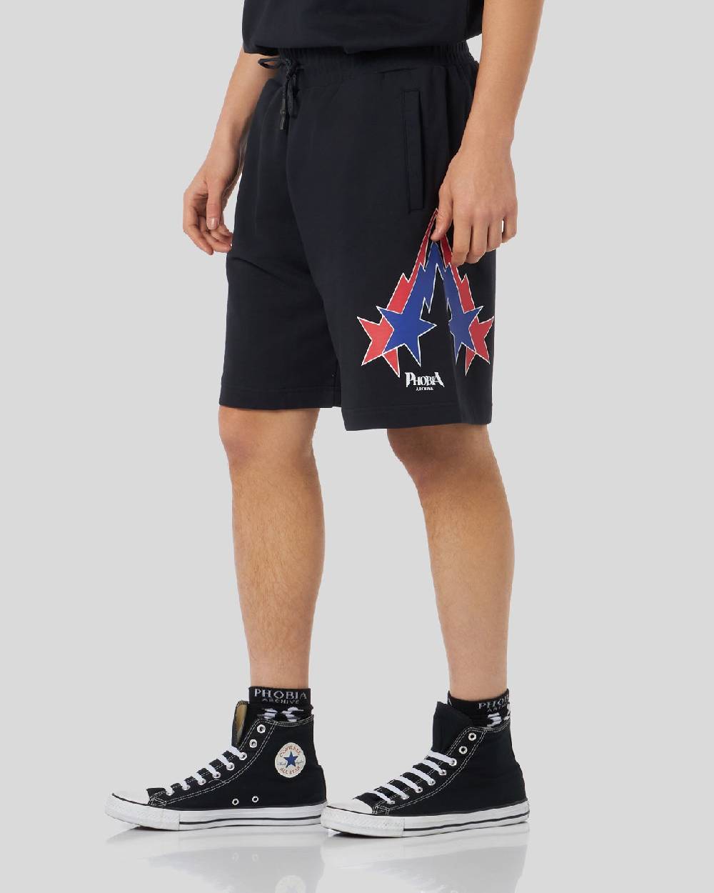 Phobia Archive PANTALONCINO NERO CON GRAFICA STARRY LIGHTNING ROSSA E BLU