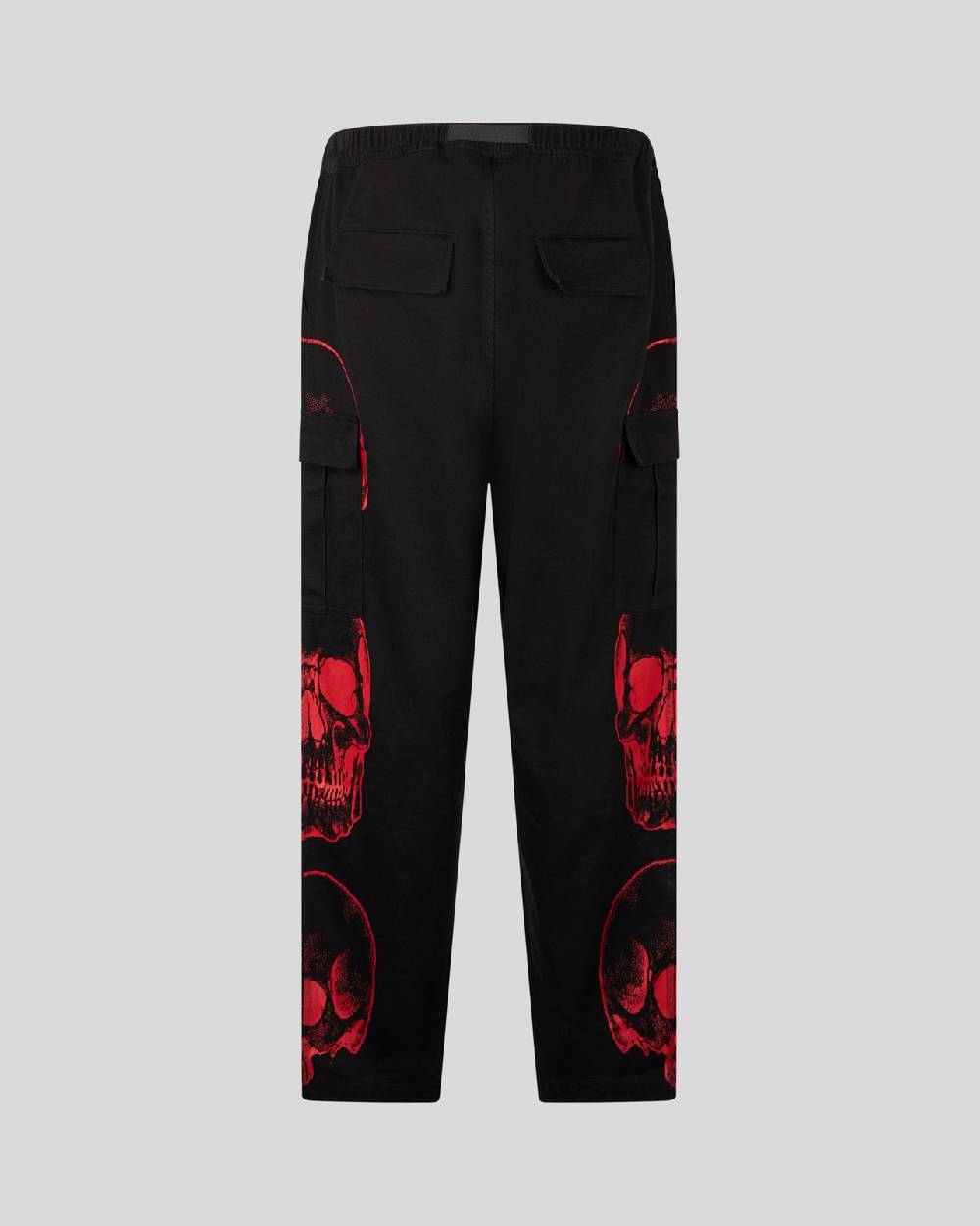 Phobia Archive PANTALONE CARGO NERO CON GRAFICA TRIPLE SKULL ROSSA E LOGO GOTIC P
