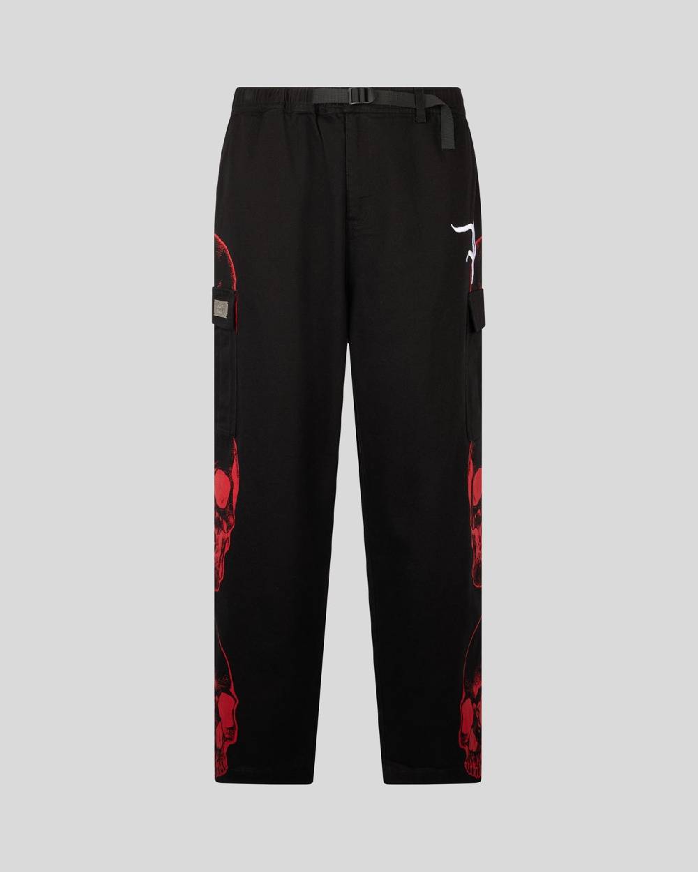 Phobia Archive PANTALONE CARGO NERO CON GRAFICA TRIPLE SKULL ROSSA E LOGO GOTIC P