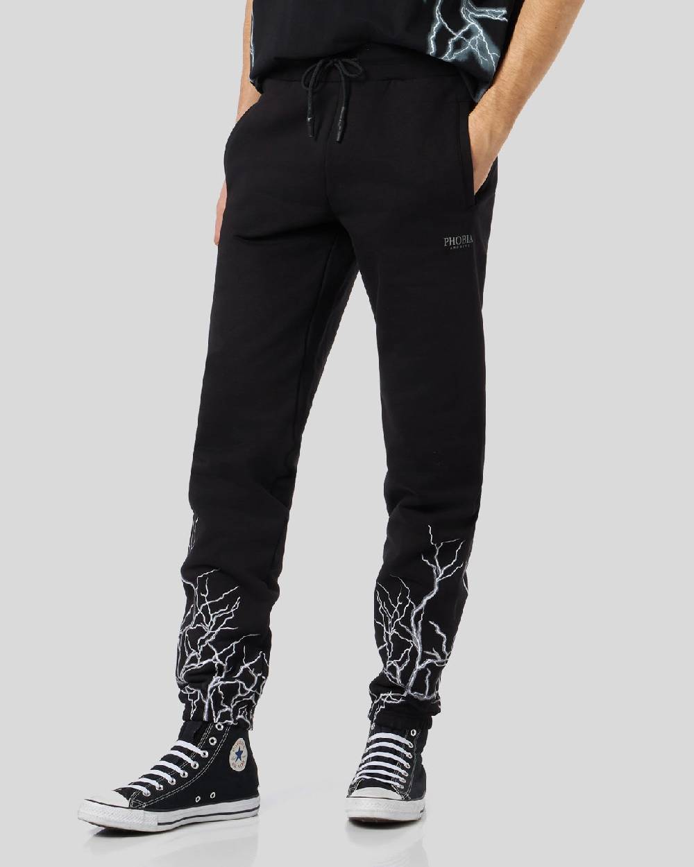 Phobia Archive PANTALONE NERO CON FULMINI RICAMATI GRIGI