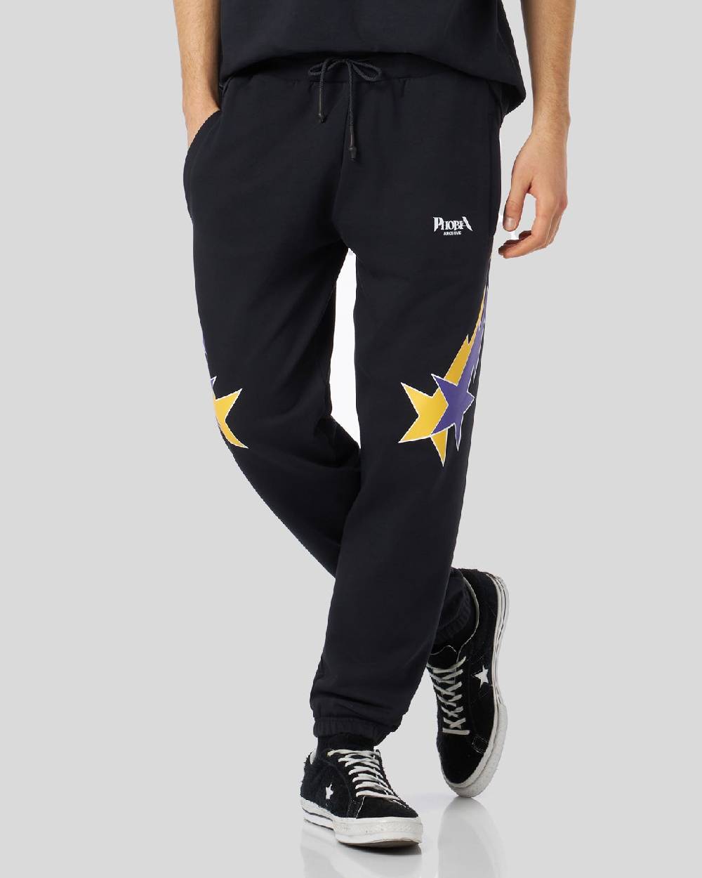 Phobia Archive PANTALONE NERO CON STAMPA STARRY LIGHTNING GIALLA E VIOLA