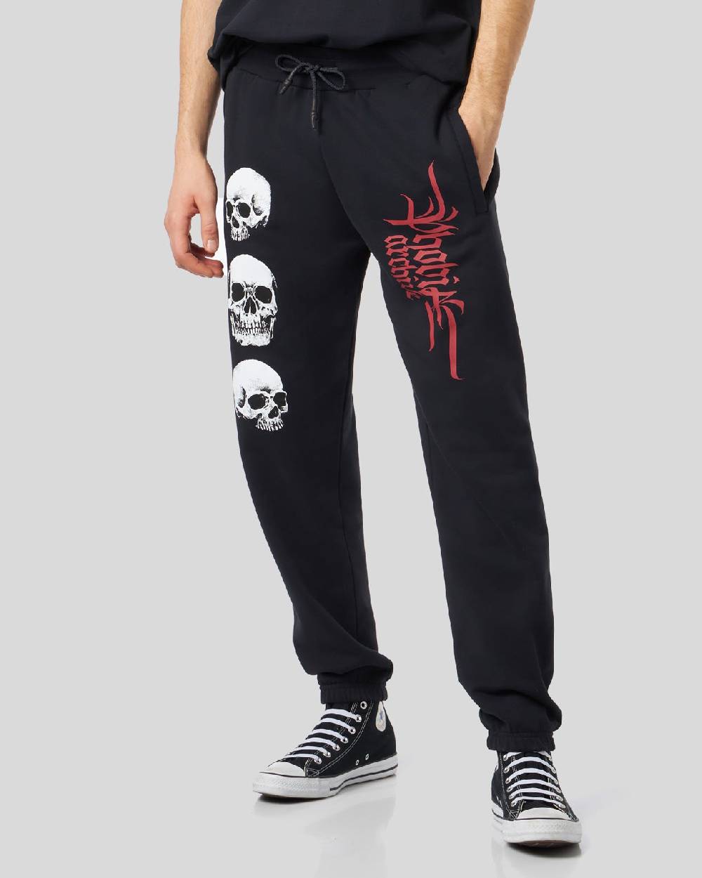 Phobia Archive PANTALONE NERO CON STAMPA TRIPLE SKULL ROSSA