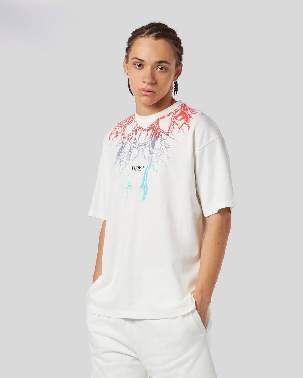 Phobia Archive T-SHIRT BIANCA CON FULMINI BICOLORE ROSSO E BLU