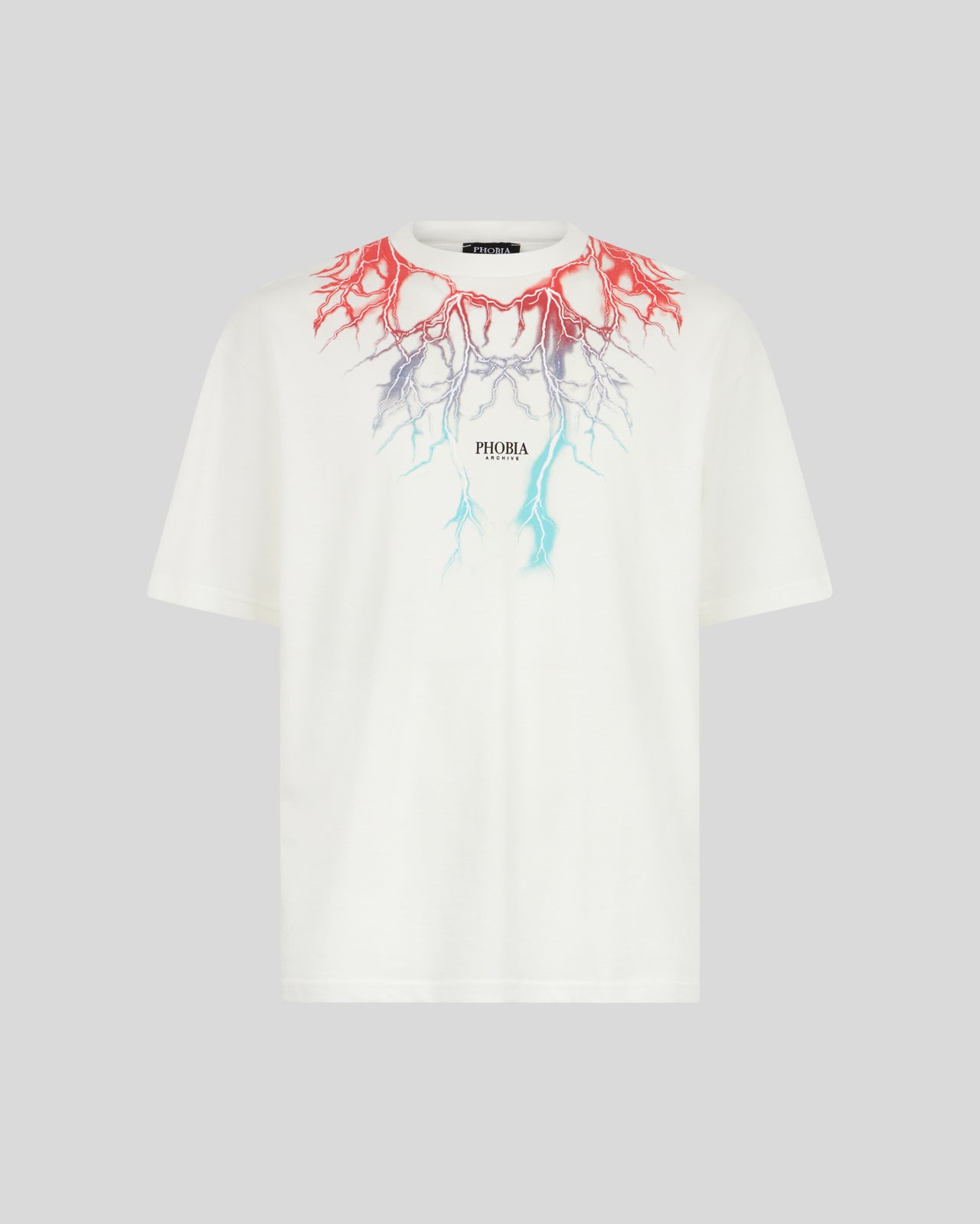 Phobia Archive T-SHIRT BIANCA CON FULMINI BICOLORE ROSSO E BLU