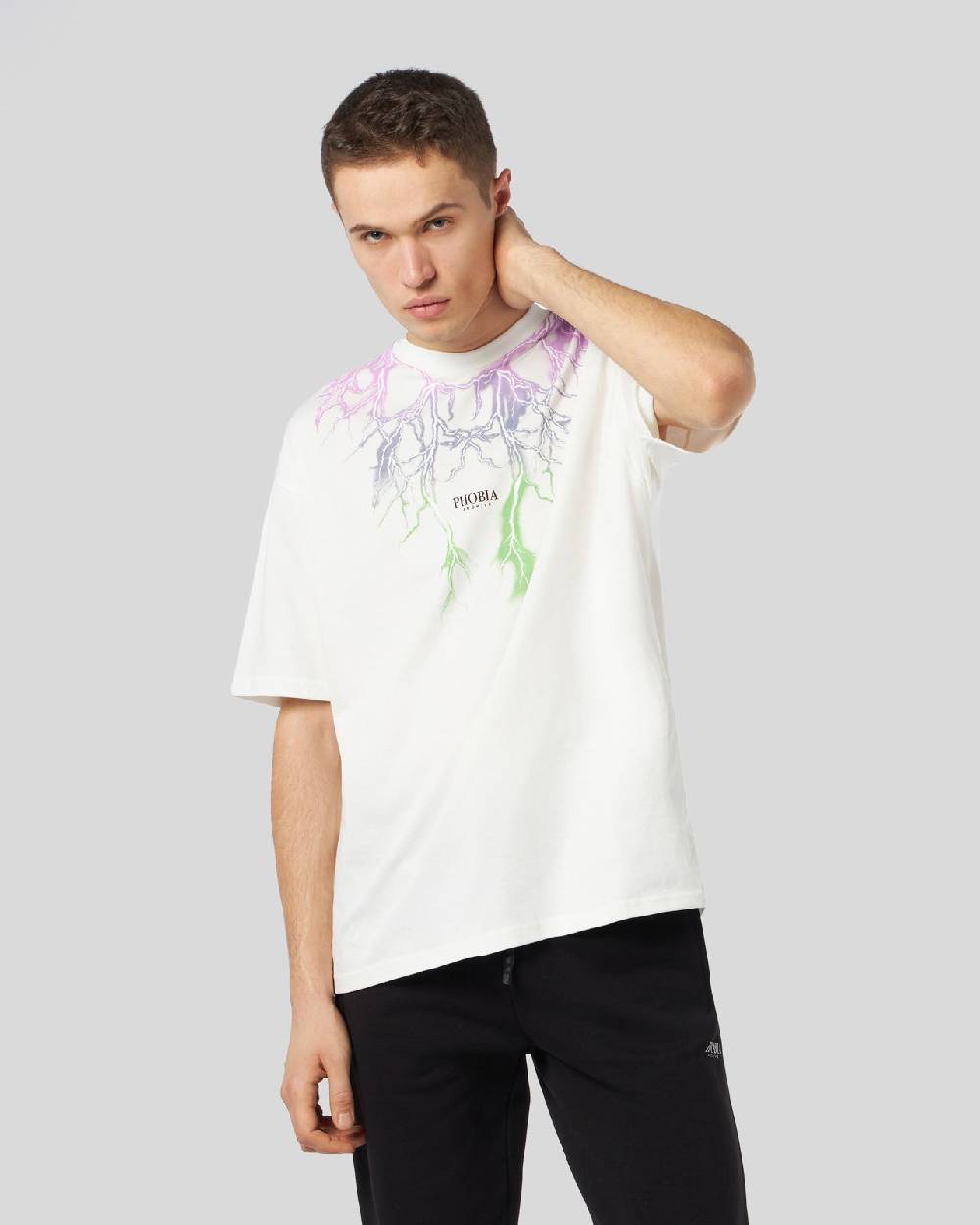 Phobia Archive T-SHIRT BIANCA CON FULMINI BICOLORE VIOLA E VERDE
