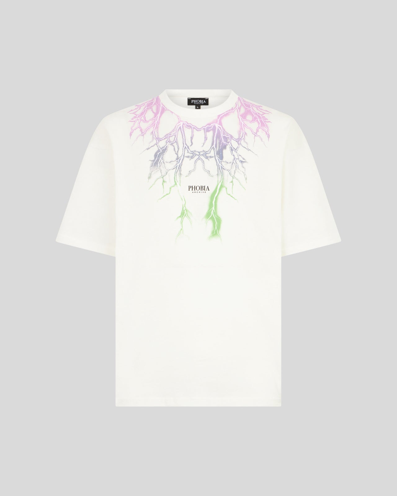 Phobia Archive T-SHIRT BIANCA CON FULMINI BICOLORE VIOLA E VERDE