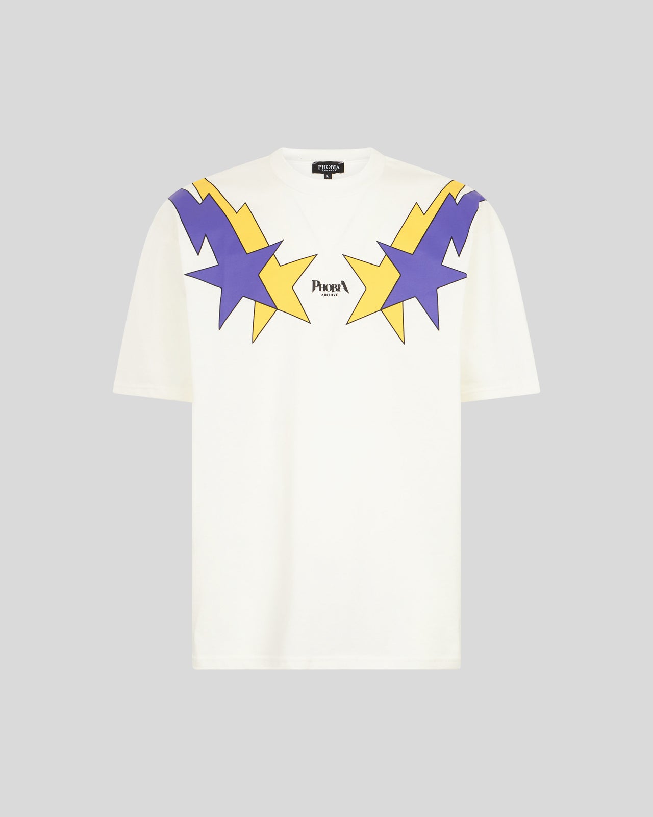 Phobia Archive T-SHIRT BIANCA CON STAMPA STARRY LIGHTNING GIALLA E VIOLA