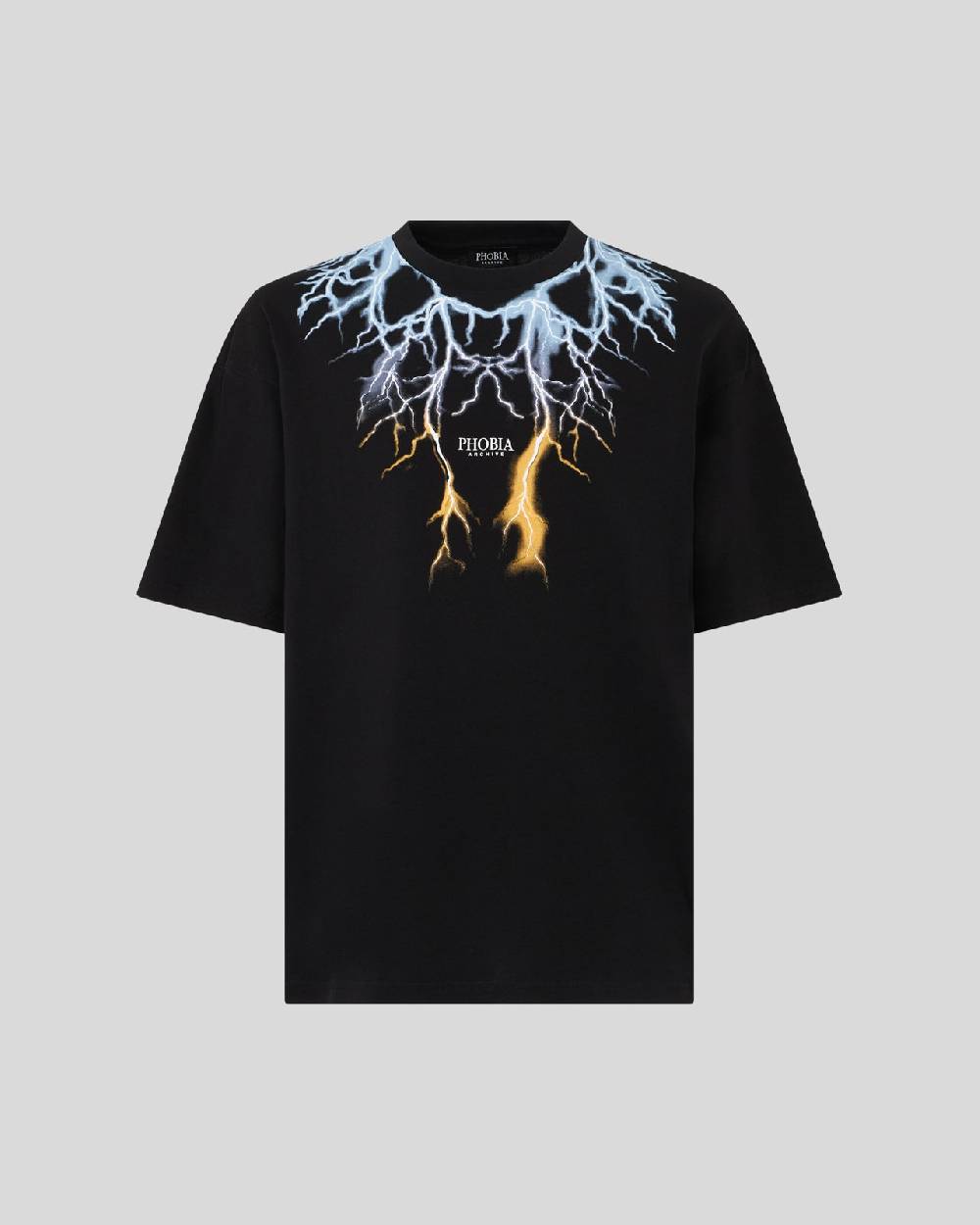 Phobia Archive T-SHIRT NERA CON FULMINI BICOLORE BLU E GIALLO