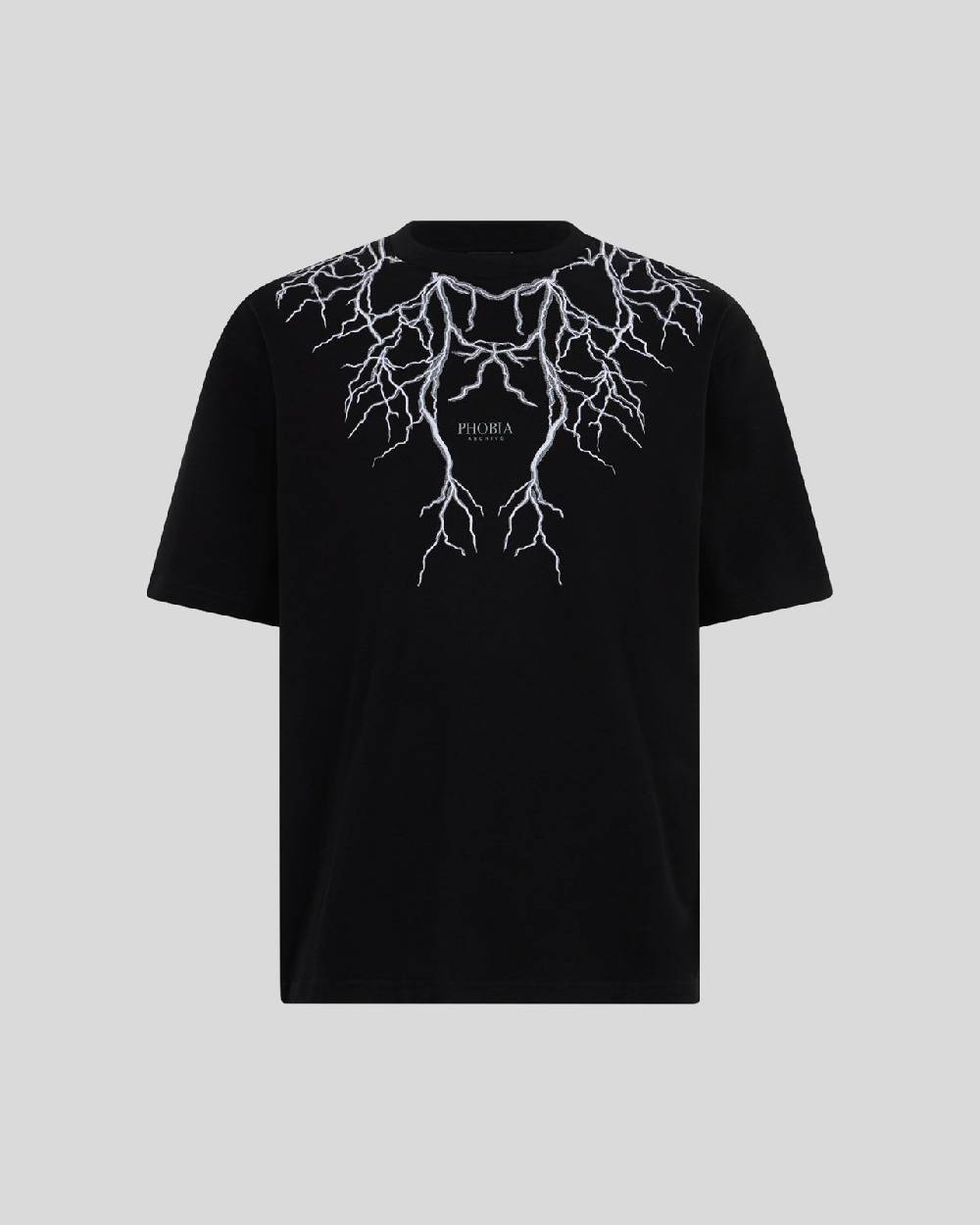 Phobia Archive T-SHIRT NERA CON FULMINI GRIGI RICAMATI