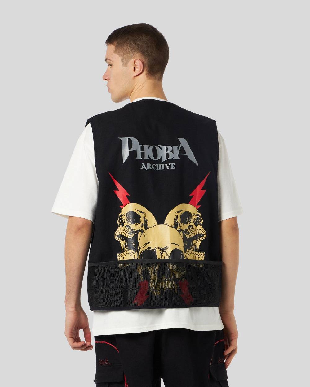 Phobia Archive WORKER GILET NERO CON GRAFICA SCREAMING SKULLS