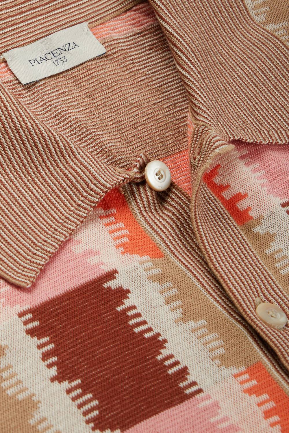 Piacenza 1733 Camicia Maniche Corte Fil A Fil Ikat Plaid Jacquard Rosa, Naturale E Bruciato