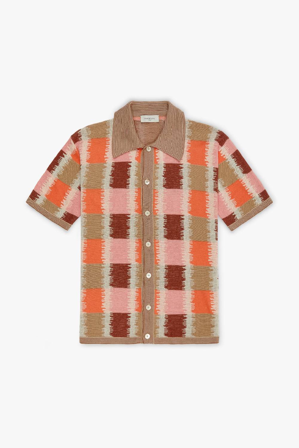 Piacenza 1733 Camicia maniche corte fil a fil ikat plaid jacquard rosa, naturale e bruciato