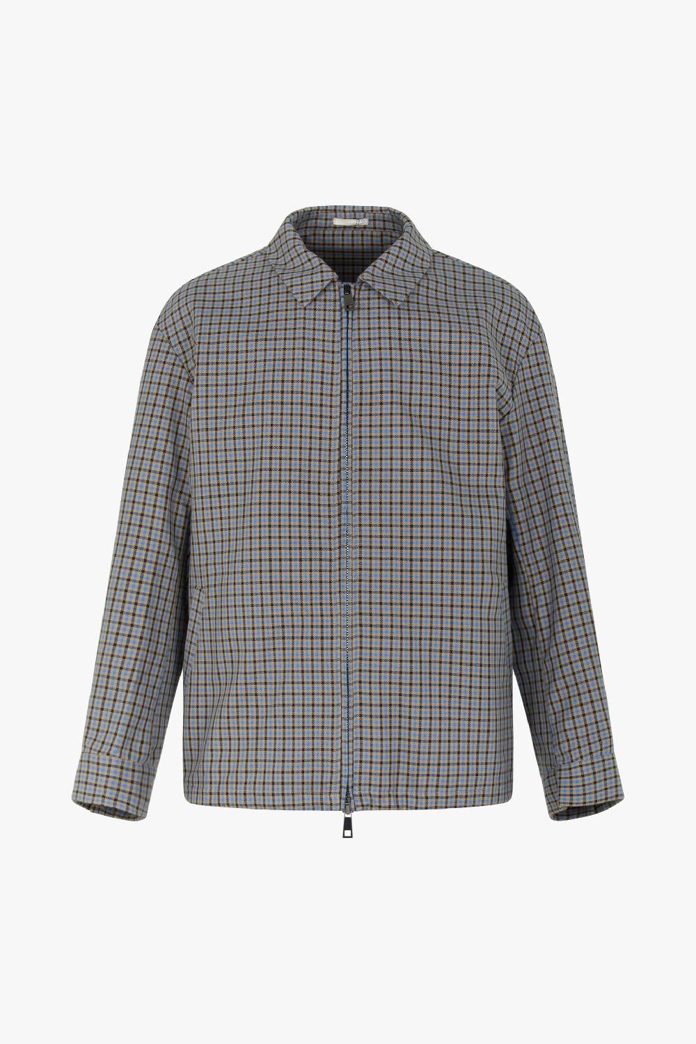 Piacenza 1733 Giacca collo camicia zip micro check azzurro e marrone