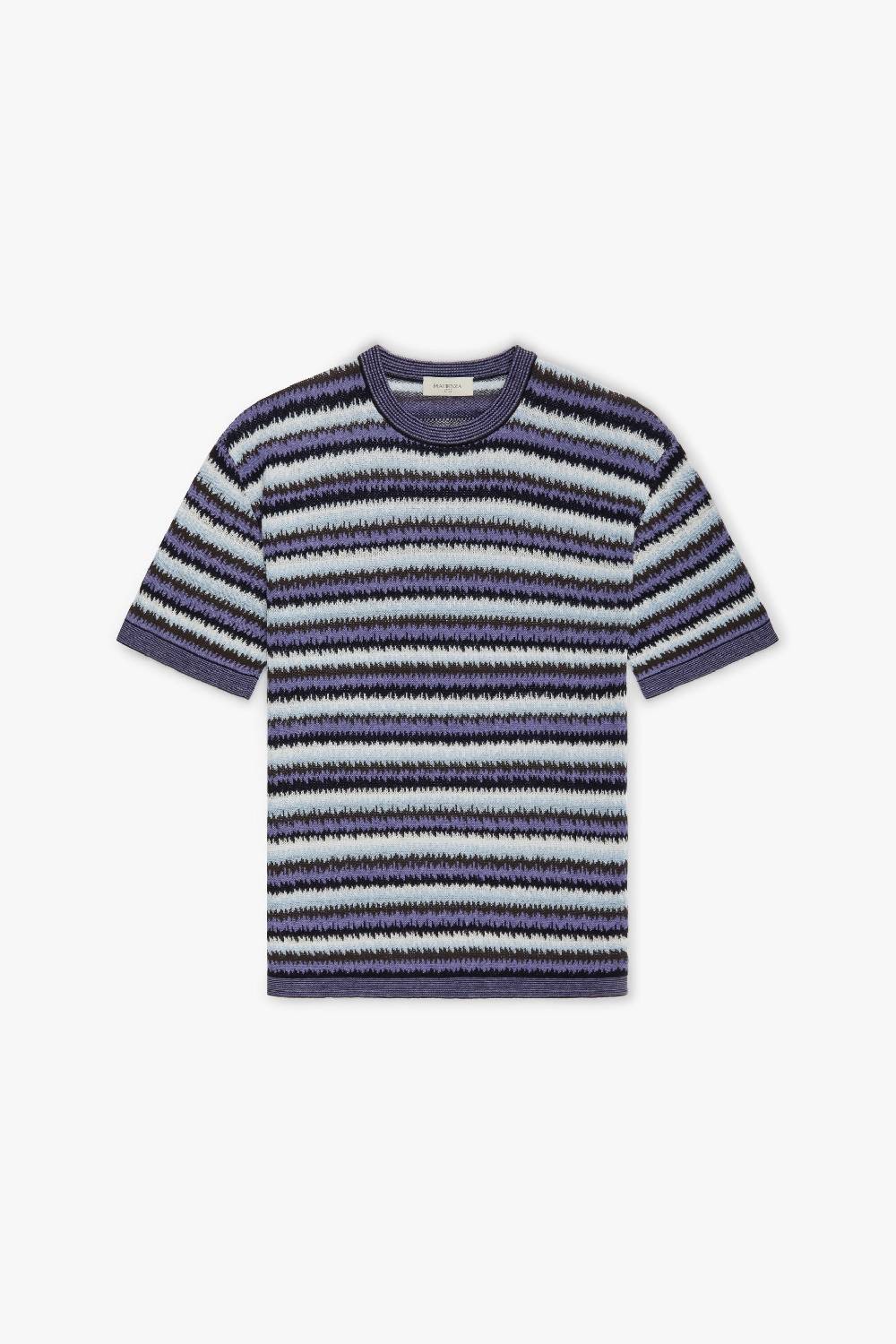 Piacenza 1733 Maglia maniche corte ikat stripe jacquard azzurro e marrone