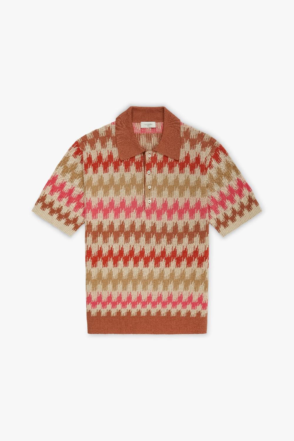 Piacenza 1733 Polo ikat zig zag fairisle flat rib jacquard bruciato neutro e rosa