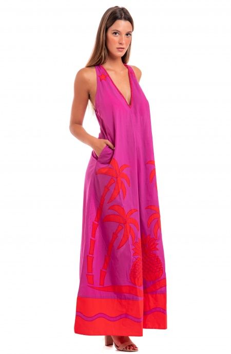 Pin Up Stars Abito Lungo A Spallina Ricamato Pineapple Patch in Cotone