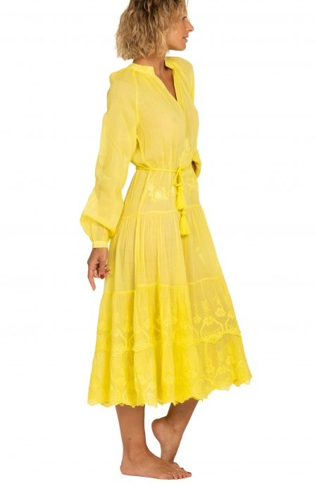 Pin Up Stars Abito Lungo Con Cintura Ricamo Balze Tinta Unita