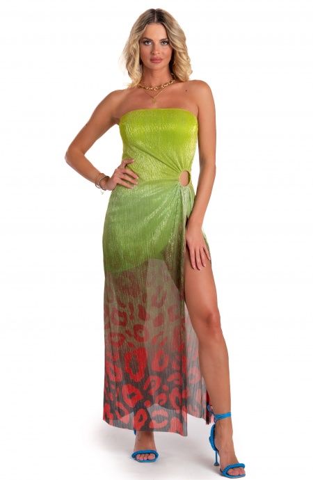 Pin Up Stars Abito Lungo Off-Shoulders Con Anella Crepon Lamè Stampa Macula Degradé