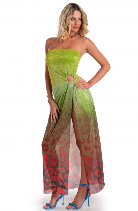 Pin Up Stars Abito Lungo Off-Shoulders Con Anella Crepon Lamè Stampa Macula Degradé