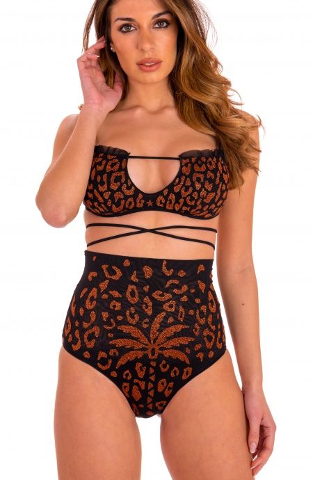 Pin Up Stars Bikini Brassiere Apertura Centroseno Slip A Vita Alta Maculato Lurex