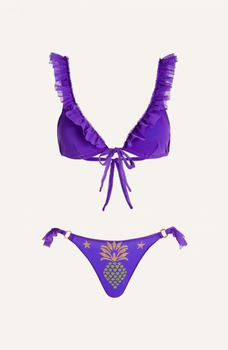Pin Up Stars Bikini Triangolo a Vela Con Rouge Tulle Stampa Ananas Lurex