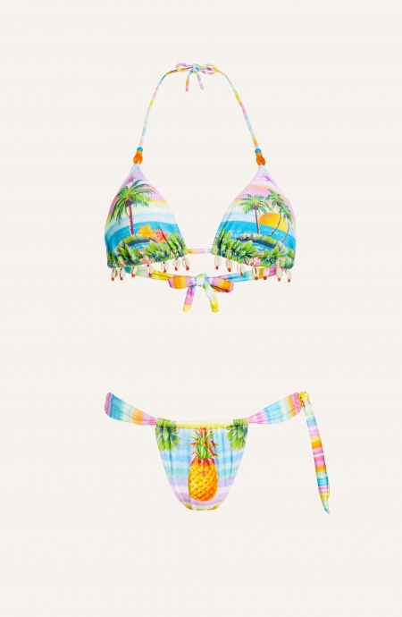 Pin Up Stars Bikini Triangolo Imbottito Ricamo Conchiglie Slip Scorrevole Tessuto Costina Stampa Hawaii